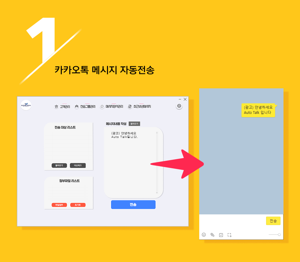 오톡 메시지 자동전송 화면. 전송 대상 리스트와 메시지 내용을 작성해 카카오톡으로 단체 발송하는 모습