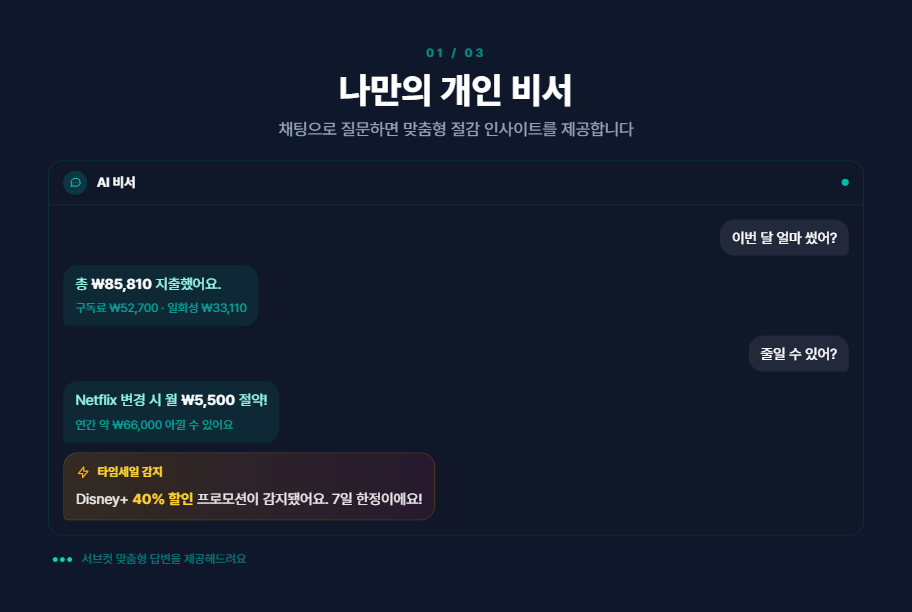 SubCut AI 지출 비서 화면. 이번 달 지출을 물어보면 총액과 절감 방법을 채팅으로 답하는 모습